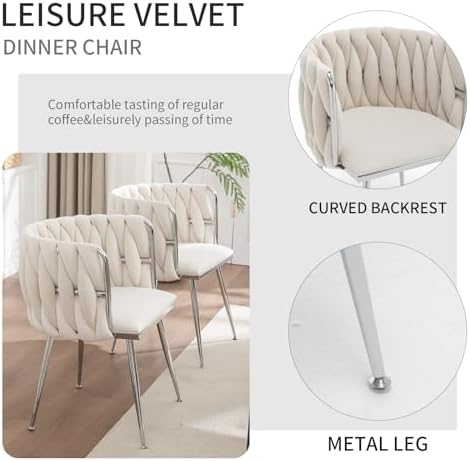 Velvet Dining Chairs Set of 2, Upholstered Dining Room Chairs with Metal Legs, Sillas de Comedor Modernas 2, Modern Kitchen Chairs for Dining Room, Living Room, Kitchen, Bedroom, Beige