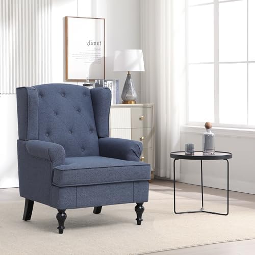 Accent Chair Set of 2, Mid Century Modern Fabric Wingback Chair, Upholstered Armchair with High Back and Vintage Legs, Comfy Single Sofa Side Reading Chair for Living Room Bedroom, Blue
