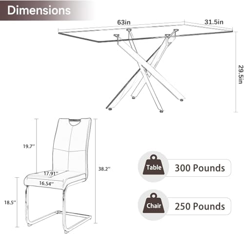 Modern 63 Inch Glass Dining Table Set for 4, 5 PCS Kitchen Table Set, Clear Tempered Glass Dinner Table with Silver Chrome Legs & Black Upholstered PU Faux Leather Dining Chairs for Home, Dining Room