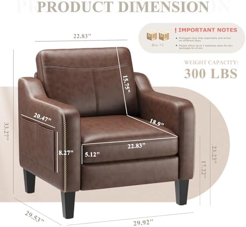 MALOL PU Leather Accent Chair Set of 2, Mid-Century Modern Living Room Armchair Sofa with Removable Cushions & Stitched Armrest Design, Bedroom Chair with Plastic Legs, Chocolate Brown