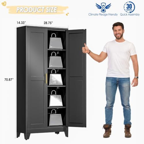 GAIOUS 71" Tall Metal Storage Cabinet with 2 Doors and 4 Adjustable Shelves | Kitchen Pantry Cabinet Black Freestanding Cupboard, 5 Tier Multifunctional Steel Storage for Office, Kitchen, Dining Room