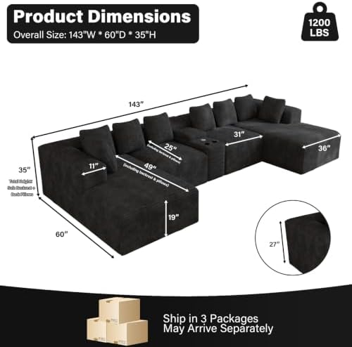 ONEMMLION 143" Oversized Cloud Sectional Couch for Living Room, Black | Corduroy, Fluffy Big U-Shaped Modular Sofas, Memory Foam, 19" Comfort-Height Seating, Cup Holder, USB Port, Storage Console