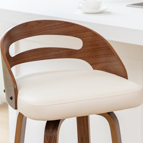 Counter Height Bar Stools, Mid Century Counter Stools with Walnut Finish | Natural Bentwood Frame, Easy-Grip Handle,Low Back, Upholstered Faux Leather, Kitchen Counter Stools for Kitchen, Pub, Cafe