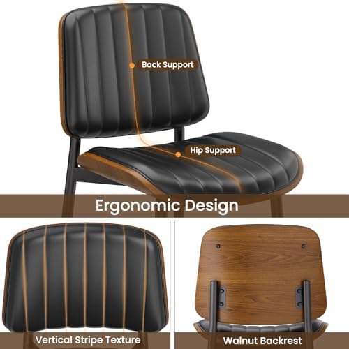 YaFiti Dining Chairs Set of 2, Mid Century Modern PU Leather Kitchen Chairs | Ergonomic Walnut Backrest, Upholstered Waterproof Faux Leather Seat, Stable Metal Legs, Adjustable Footpads, Black Pinstripe