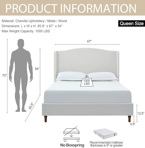 Upholstered Platform Wingback Bed Frame with 54" High Headboard, Solid Walnut Wood Feet, Sturdy Metal & Wood Slats (Chenille, Ivory White-R7902, Queen (U.S. Standard))