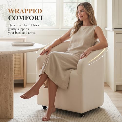 CIMOTA Linen Beige Barrel Dining Chairs with Wheels, Set of 2 — Modern Upholstered Swivel Dining Room Chairs on Casters for Kitchen or Living Room