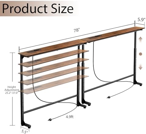 Keelian 78 inch Behind Couch Table with Outlets Sofa Table Rustic Brown | Adjustable Height(25"-37"),Skinny Couch Shelf with Charging Station,Long Entryway Tables for Living Room