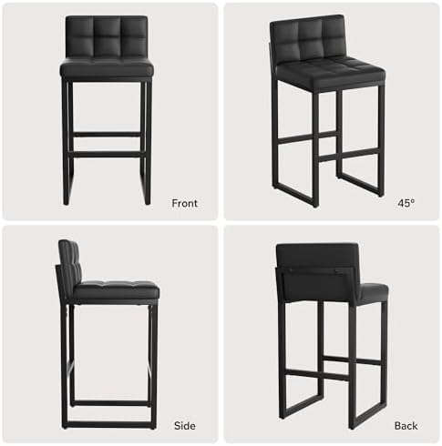 Bar Stools Set of 2, Modern Counter Height Bar Stools, Black | 24" Faux Leather Bar Chairs with Back, Footrest, Sturdy Thickened Metal Leg, Upholstered Counter Stools for Kitchen Island