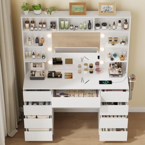 Vanity Desk with Mirror and Lights,43" Makeup Vanity Table with 9 Drawers and 7 Storage Shelves, Power Outlet & Adjustable LED Lights, Dressing Table for Bedroom，White
