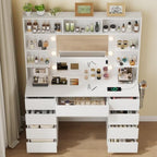 Vanity Desk with Mirror and Lights,43" Makeup Vanity Table with 9 Drawers and 7 Storage Shelves, Power Outlet & Adjustable LED Lights, Dressing Table for Bedroom，White
