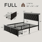 Einhomn Full Size Bed Frame with 2 Storage Drawers, Metal Platform Bed with Charging Station, Upholstered Linen Button Tufted Storage Headboard, No Box Spring Needed, Easy Assembly, Noise Free, Black