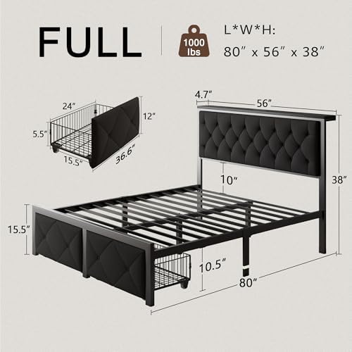 Einhomn Full Size Bed Frame with 2 Storage Drawers, Metal Platform Bed with Charging Station, Upholstered Linen Button Tufted Storage Headboard, No Box Spring Needed, Easy Assembly, Noise Free, Black