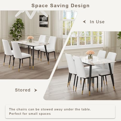 5 Pieces Modern Sintered Stone Dining Table Set 50" Rectangular Faux Marble Tabletop Kitchen Table with 4 PU Leather Chair Dinner Table Set(1Faux Marble Table+4 Cream White Chairs)