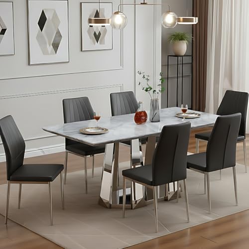 Black Dining Chairs Set of 6, Modern PU Leather Kitchen Chairs with Soft Cushion and Silver Chrome Metal Legs, Waterproof and Easy to Clean, Armless Dining Chairs for Dining Room,Kitchen