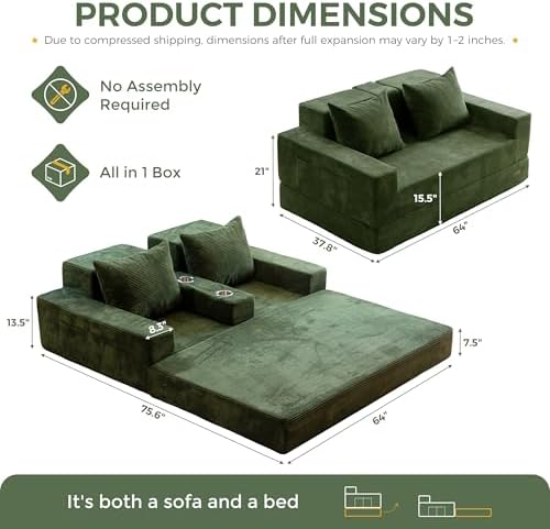 MAXYOYO Sofa Bed, 64-Inch Loveseat with 2 Cup Holders | Corded Green 4-in-1 Sofa Converts Into a Floor Couch or Recliner Chair; Sofa-in-a-Box Needs No Assembly for Living Rooms