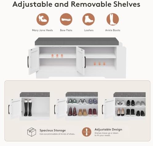 Farmhouse Shoe Storage Bench with 3-in-1 Entryway Storage & Padded Seat | 39.6" Wide Entryway Bench with Adjustable Shelves, Shoe Organizer & Side Storage Rack for Living Room, Bedroom, White
