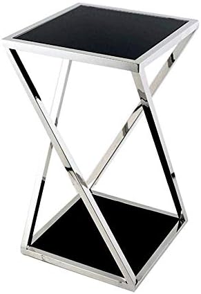 Telephone Table, Stainless Steel Glass Coffee Table,Sofa Side Table/Telephone Table,Black and White Flower Stand,for Living Room Bedroom,Stainless Frame,Black(Black-15.74 * 15.74 * 27.55in