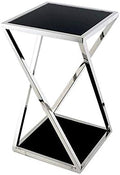 Telephone Table, Stainless Steel Glass Coffee Table,Sofa Side Table/Telephone Table,Black and White Flower Stand,for Living Room Bedroom,Stainless Frame,Black(Black-15.74 * 15.74 * 27.55in