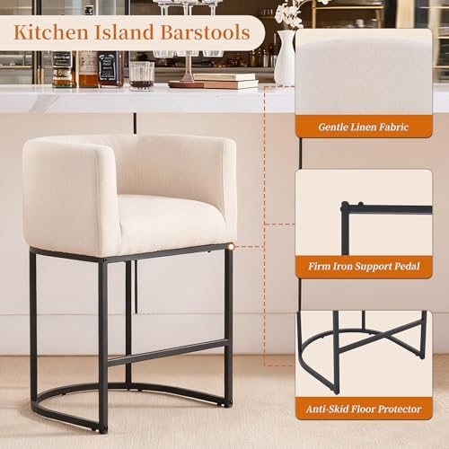 26" Counter Height Bar Stools Set of 4, Black Frame, Linen | Linen Upholstery, Barrel Backrest, Built-In Armrests, Kitchen Island Use, Sturdy Metal Frame, Counter Height
