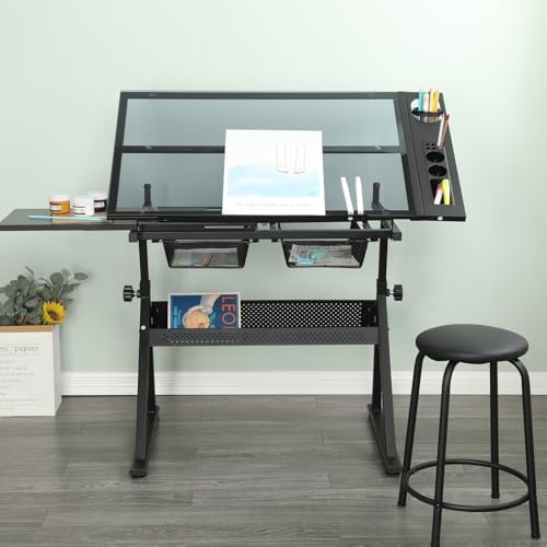 Drafting Table, Height Adjustable Art Tabe with Stool, Black | 0-75° Tilting Tempered Glass Tabletop Art Drawing Table with Compartments, Trays, Rack and Drawers for Sketching Painting