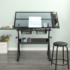 Drafting Table, Height Adjustable Art Tabe with Stool, Black | 0-75° Tilting Tempered Glass Tabletop Art Drawing Table with Compartments, Trays, Rack and Drawers for Sketching Painting