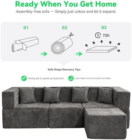 MONVANE L Shaped Sectional Couch Oversized, Chenille, Gray | 4-Seat Sectional Couch for Living Room, Modular Cloud Sofa with Ottoman & 4 Throw Pillows, No Assembly Required