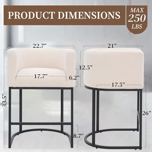 26" Counter Height Bar Stools Set of 4, Black Frame, Linen | Linen Upholstery, Barrel Backrest, Built-In Armrests, Kitchen Island Use, Sturdy Metal Frame, Counter Height