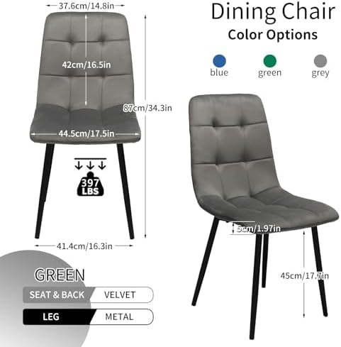 Velvet Dining Chairs Set of 4, Mid Century Upholstered Gray Dining Room Chairs Tufted Upholstered Kitchen Chairs Set of 4 for Dining Room, Bedroom, Living Room, Gray