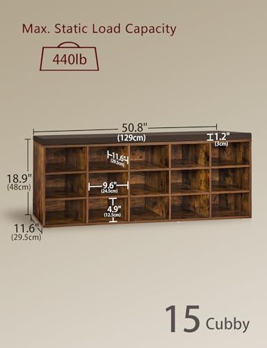 DINZI LVJ Shoe Storage Bench with Cushion, 15-Cubby Shoe Rack with Seat | 50.8"L Entryway Shoe Organizer Bench, Adjustable Shelves for Boots, Removable Washable Cushion, Closet/Hallway, Rustic Brown