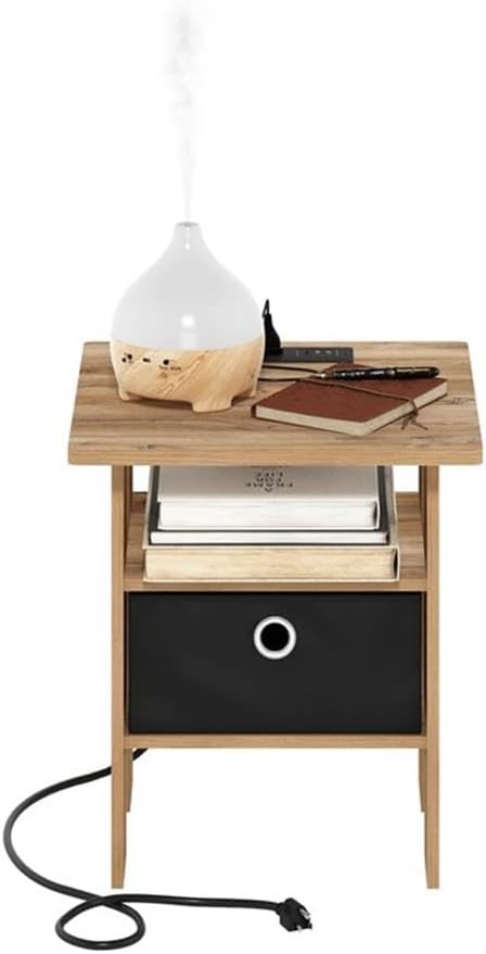 Pemberly Row Charging Station End Table, Composite Wood, Flagstaff Oak/Black Finish, 2 AC Outlets, USB & Type-C Ports, Includes Basket, 15.55 x 15.55 x 17.68 in, Living Room/Bedroom Use