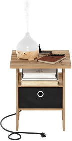 Pemberly Row Charging Station End Table, Composite Wood, Flagstaff Oak/Black Finish, 2 AC Outlets, USB & Type-C Ports, Includes Basket, 15.55 x 15.55 x 17.68 in, Living Room/Bedroom Use
