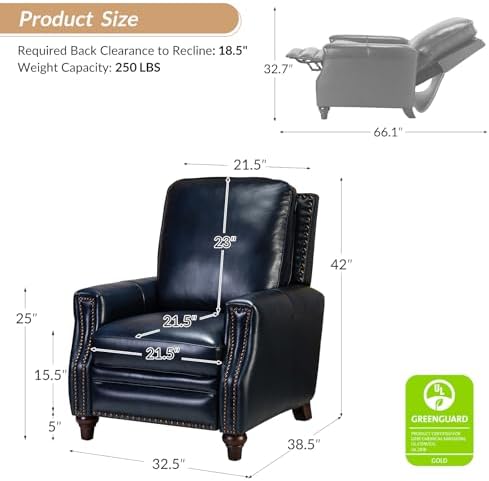 HULALA HOME Genuine Leather Manual Recliners Set of 2 with Wood Legs, Navy | Mid Century Modern Push Back Recliner with Nailhead Trim, Adjustable Backrest & Footrest, for Living Room Home Theater