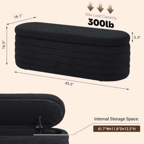 Teddy Sherpa Oval Black Ottoman with Storage, 45.5-inch Bench | Teddy Upholstered Window Bench Hidden Storage, Safety Hinge and Seating, for Living Room, Bedroom, Small Apartment