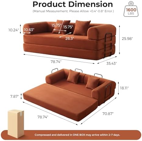 79" Convertible Sofa Bed, Couches for Living Room | Orange | Corduroy Futon Sofa Bed with Pocket Springs, Modular Sleeper Couch in a Box, No Assembly