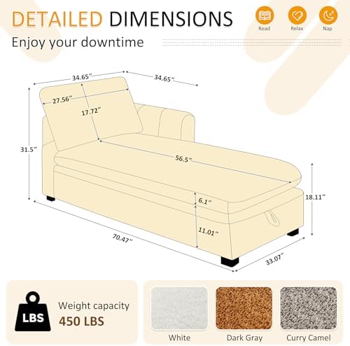 VANOMi Oversized 70.47'' Chaise Lounge Chair with Storage, Boucle White | Upholstered Sofa Bed with Thick Cushion, Left Armrest, Leisure Recliner Chair for Living Room, Bedroom, Indoor, Back Pillow