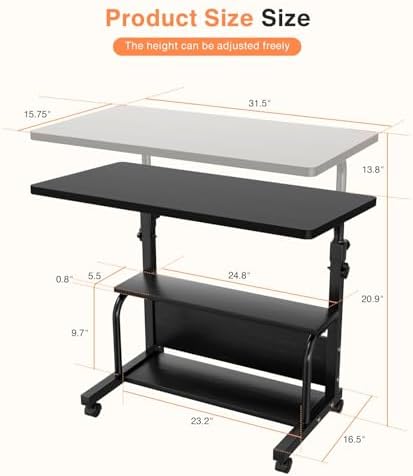QZMDSM Portable Rolling Desk on Wheels Adjustable Height Desks for Small Spaces, 32" Computer Desk Drafting Tables with Storage Shelves for Home Office Black
