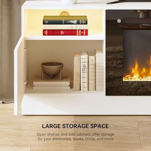 70" TV Stand with 36" Electric Fireplace, Large Modern Media Entertainment Center with Storage Cabinet and 12 Colors LED Lights for TVs Up to 80",White and Black