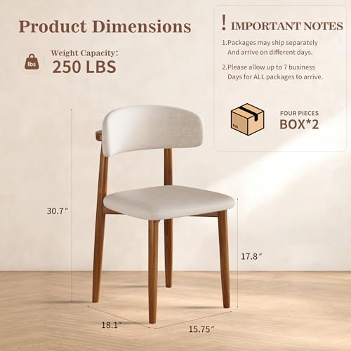 Dining Chairs Set of 4, Upholstered Wooden Mid Century Modern Fabric Kitchen Side Chairs with Ergonomic Curved Backrest, Farmhouse Chair for Kitchen Dining Room - Beige