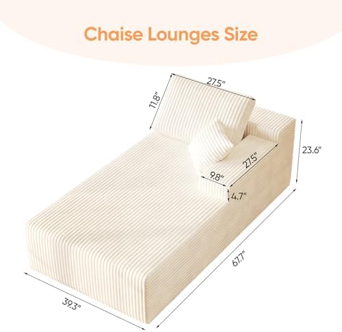 67" Sofa Bed, Chaise Lounge Chair, Plush Corduroy Upholstered Sofa Couch Bed with Pillows, Lazy Chair for Living Room Bedroom Guest Room (White, Right Facing Chaise)