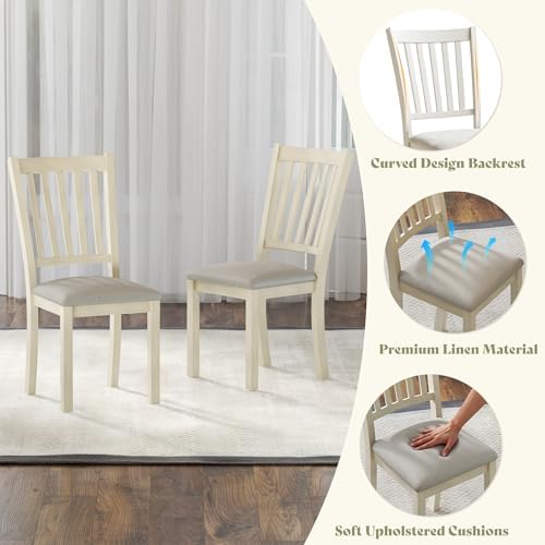 AMERLIFE 9 Piece Farmhouse Dining Table Set with 79" Table, Cream | Solid Rubberwood Frame, 8 Chairs Included, Farmhouse Design, Upholstered Seating, Rustic Cream Finish