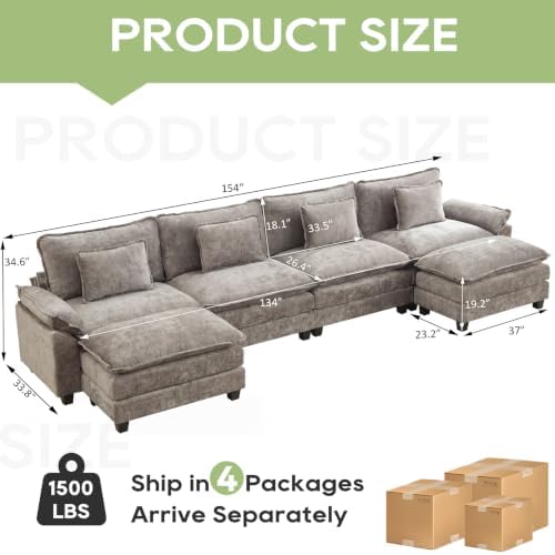 Oprisen 154" Modular Sectional Sofa, Comfy Deep Cloud Couch with Ottoman | U-Shaped Couches for Living Room, Modular Couch, Deep and Wide Seat, Chenille Sofa Sleeper with Throw Pillows, Light Grey