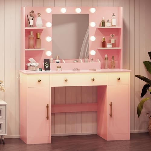 HUANLEGO Vanity Desk with Mirror and Lights, Makeup Vanity with Mirror and LED Lights & Power Outlet, 3 Drawers and Cabinets, 3 Lighting Modes Dressing Table Set for Girls Women Bedroom,Pink