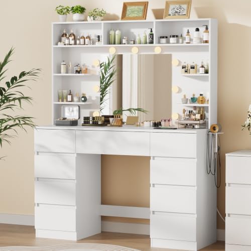 Vanity Desk with Mirror and Lights,43" Makeup Vanity Table with 9 Drawers and 7 Storage Shelves, Power Outlet & Adjustable LED Lights, Dressing Table for Bedroom，White