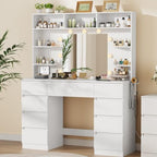 Vanity Desk with Mirror and Lights,43" Makeup Vanity Table with 9 Drawers and 7 Storage Shelves, Power Outlet & Adjustable LED Lights, Dressing Table for Bedroom，White