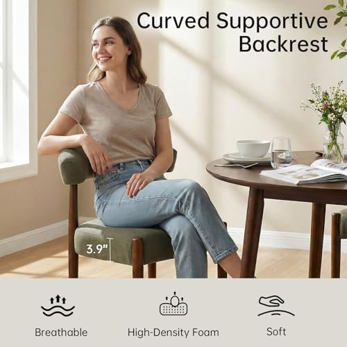 VKNOW Wooden Dining Chairs Set of 6 with Walnut Wood Legs and Curved Back | Mid Century Modern Upholstered Dining Room Chairs with Faux Mohair Fabric, Kitchen Chairs for Farmhouse, Dining Room, Green