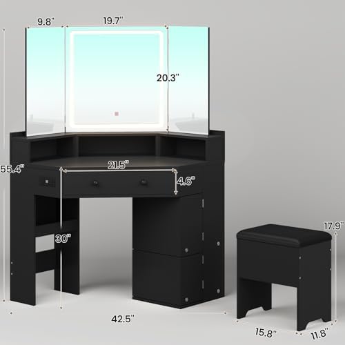 HAUOMS Corner Vanity Desk with Mirror Lights & Storage Bench, Black | Makeup Vanities with Drawers & Rotating Shelves, Power Outlet, 3 Light Settings, Dimmable for Women Girls