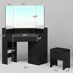 HAUOMS Corner Vanity Desk with Mirror Lights & Storage Bench, Black | Makeup Vanities with Drawers & Rotating Shelves, Power Outlet, 3 Light Settings, Dimmable for Women Girls