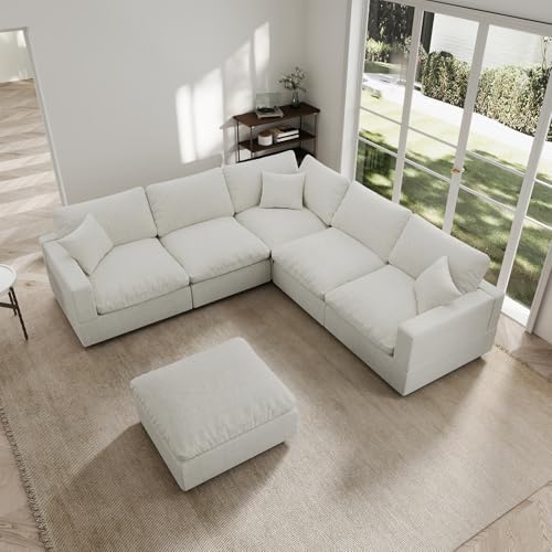 Modern Sectional Linen Couch for Living Room V-Shape Sofas,6 Seat Modular Cloud Sofas with Ottoman,Couches Cushion Covers Removable,Cozy Feather Down Sofa for Apartment Cream White