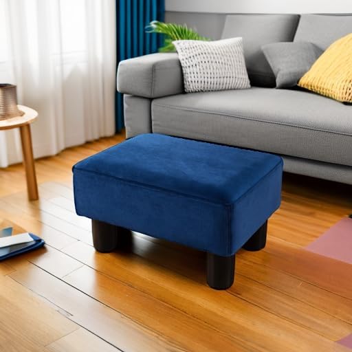 LUE BONA Small Foot Stool, Velvet Fabric Footrest Ottoman Stool with Non-Skid Plastic Legs, Rectangle Footstool Step for Couch, Desk, Office, Living Room, Navy