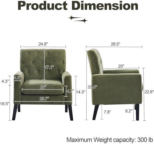 Mid Century Modern Accent Chairs Set of 2, Green Chenille Office Chair for Reception - Tufted Upholstered Club Chair for Living Room, Bedroom, or Waiting Room